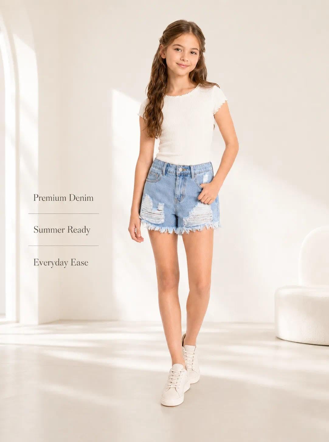 Girls Ripped Jean Shorts Straight Leg High Waisted Denim Shorts with Pockets