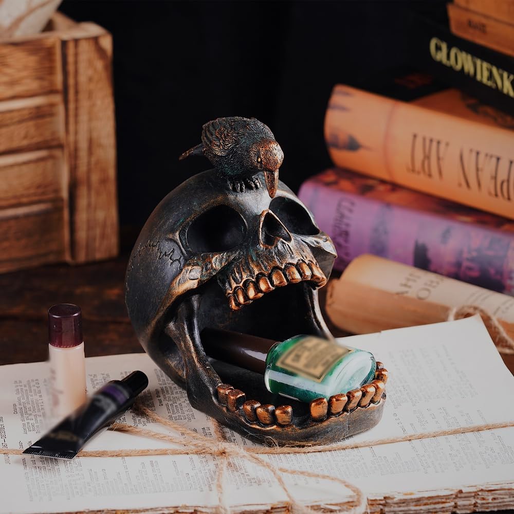 Rustic Raven Home Ashtray - Gothic Skull Head Shaped Decorative Cigarette Ashtray - Gift for Men