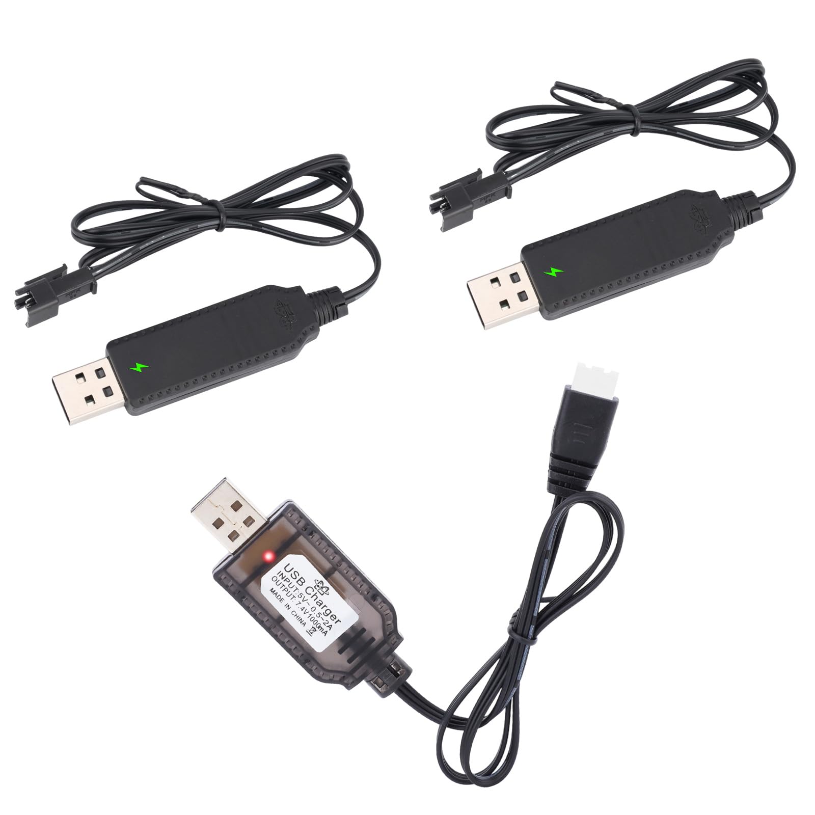 3pcs USB Battery Charging Charger Cable Set, 3.7V Volt SM-2P and 7.4V Volt XH-3P Connectors with Indicator for RC Cars Drones Gel Blasters Bubble Guns