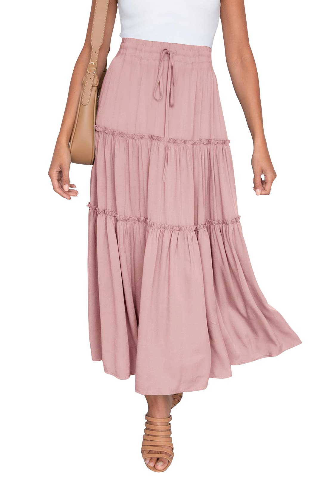 HAEOF Women's Boho Elastic High Waist A Line Ruffle Swing Beach Maxi Skirt with Pockets