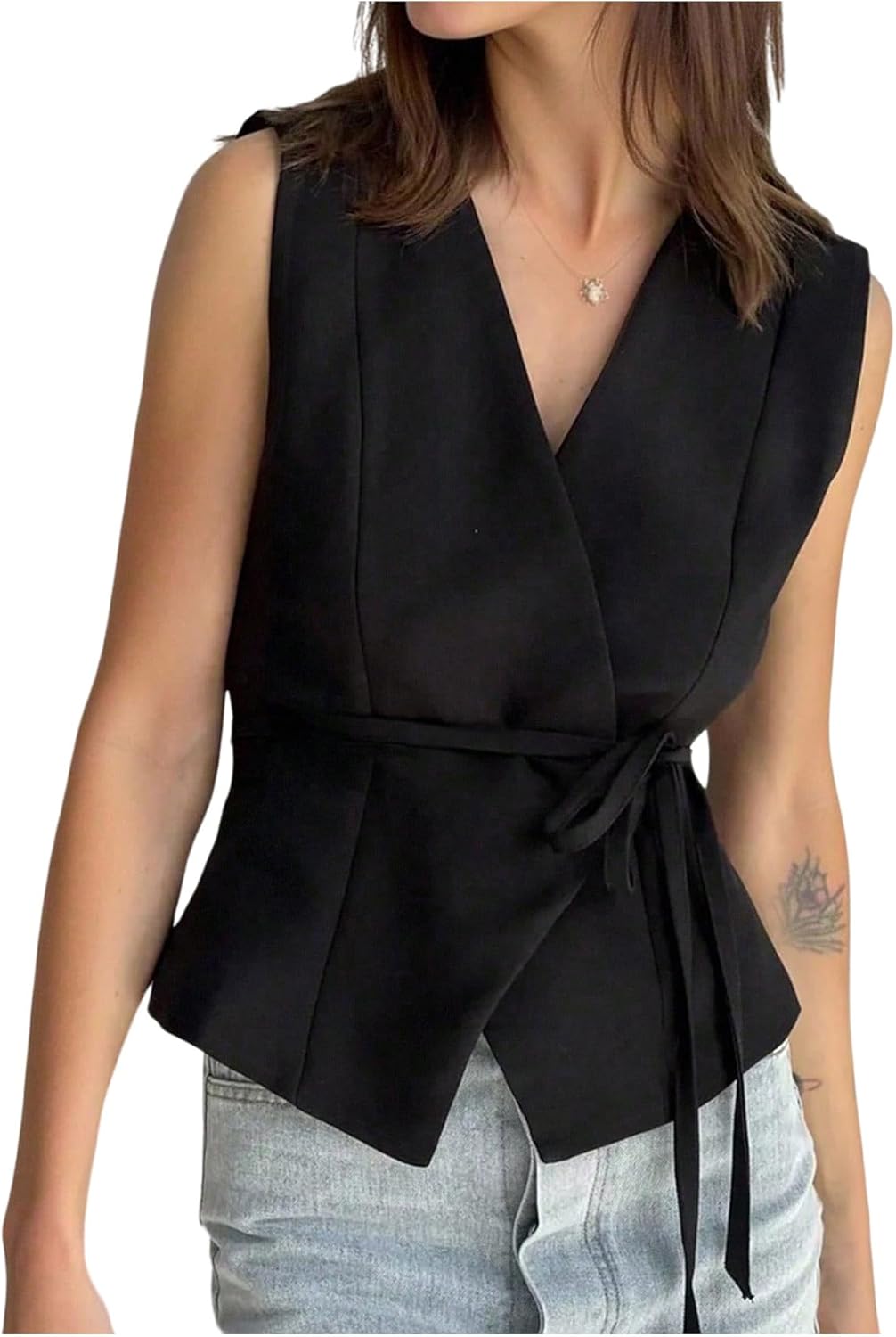 Verdusa Women's Wrap Tie Knot Cinched Waist Tops Business Casual Slit Tank Top