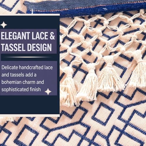 Image of HOKIPO 'Imperial Tassel Series' Premium Chenille Jacquard Sofa Cover Set for 3 Seater for Seat, Back & Arms with Tassels, Royal Blue (IN-1011 + IN-1012-I4*2)