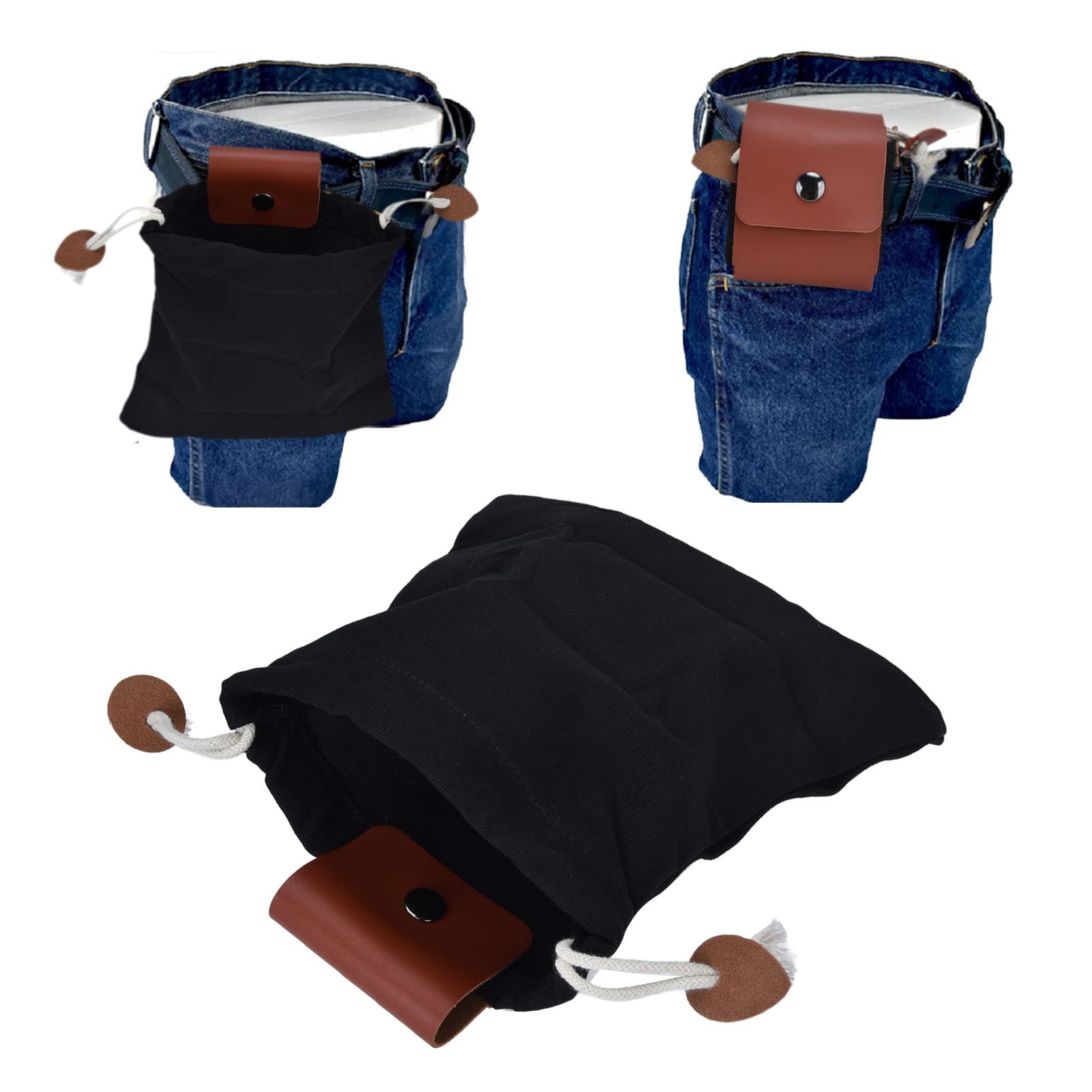 WPKD BLUEIY Foraging Pouch Fruit Picking Bag,Fruit Picking Bag,PU Leather Canvas Picking Storage Bag,Drawstring Buckle Waist Hanging Tool for Mushroom Hunting,Foraging,Gathering (Black) - Image 3