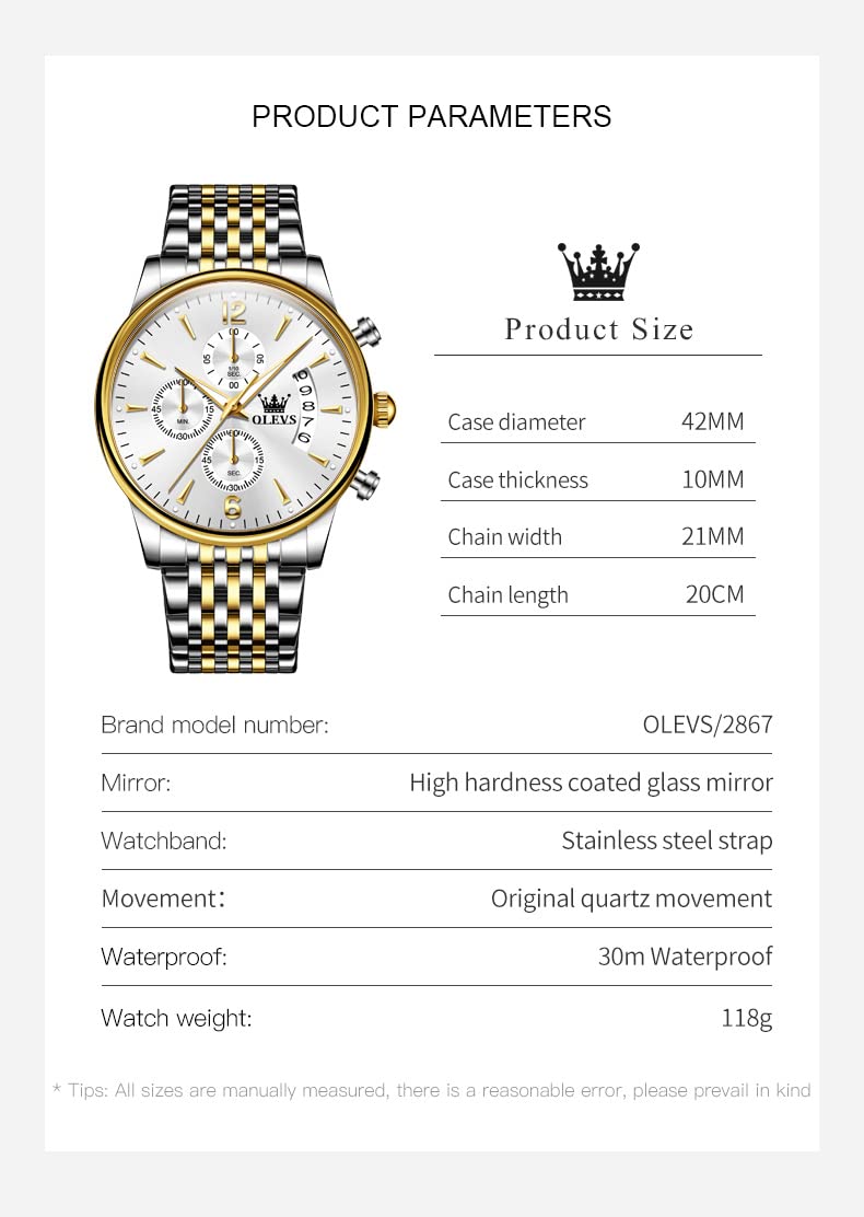OLEVS Relojes de lujo para hombre, multifuncional, cronógrafo, fecha curvada, cuarzo, analógico, reloj de pulsera de acero inoxidable, impermeable, luminoso