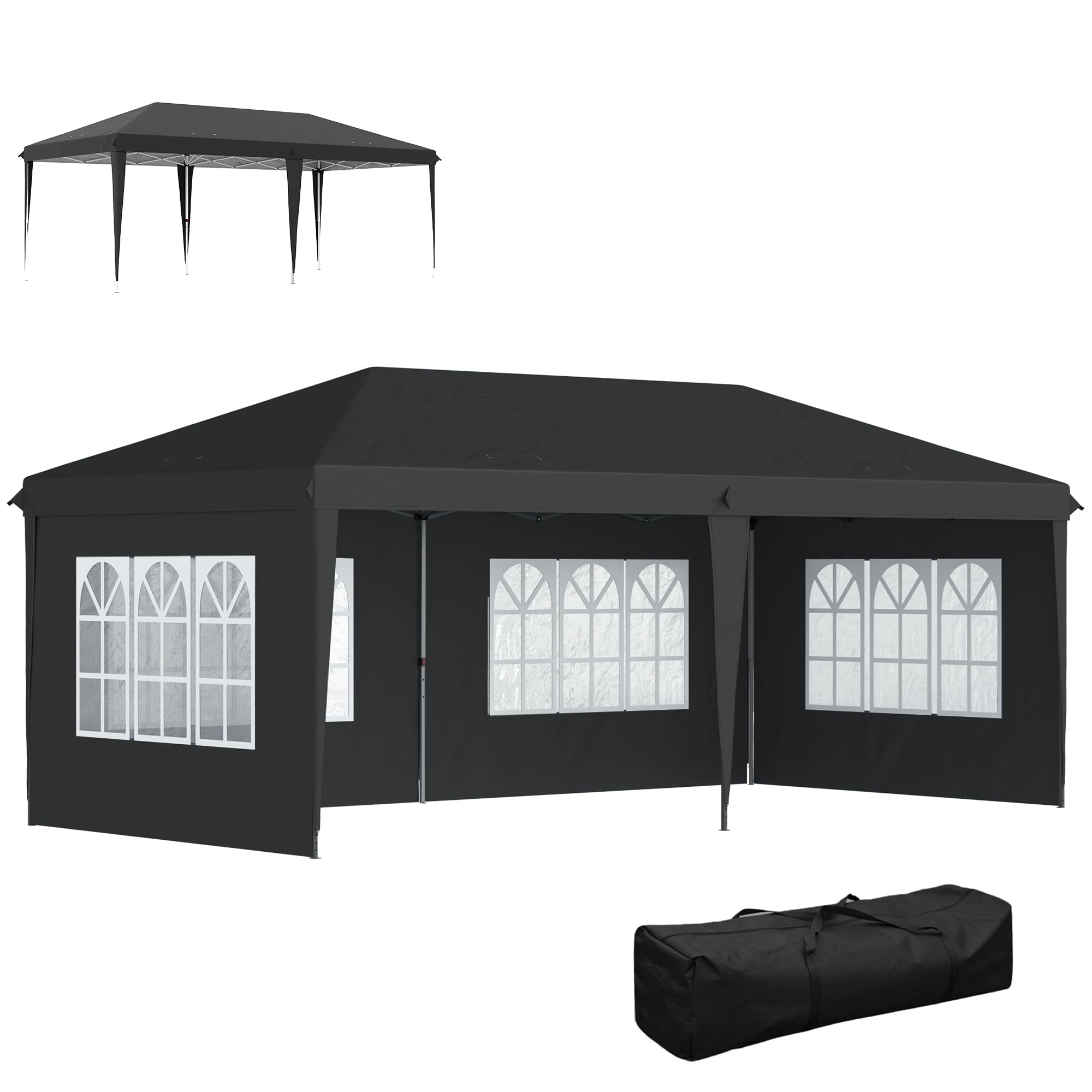 Outsunny Gazebo Pop-up 3x6m Altura Ajustable Paredes Laterales Negro
