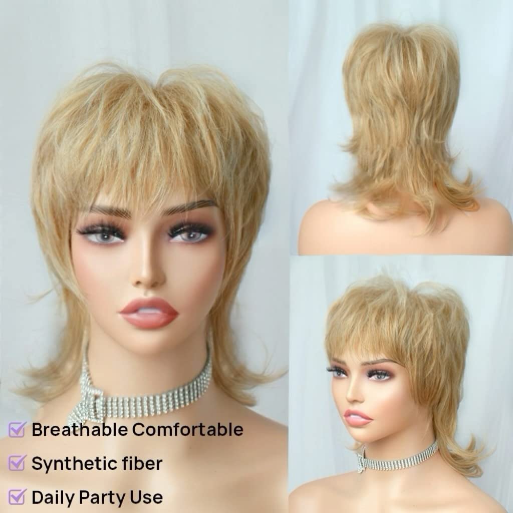 Blonde Synthetic Wig Short Shaggy Layered Wolf Cut with Bangs 80s Mullet Pixie Style for Women Adults Halloween Cosplay Party Daily Costume - Image 4
