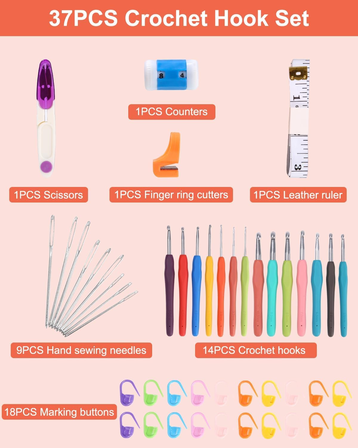 YINVA Haakkits Haaknaalden Set voor Beginners Volwassenen Breien Kit Ergonomische Metalen Haaknaalden 0.6Mm-8Mm Breien Accessoires Gereedschap Haak Wol Garen Opberg