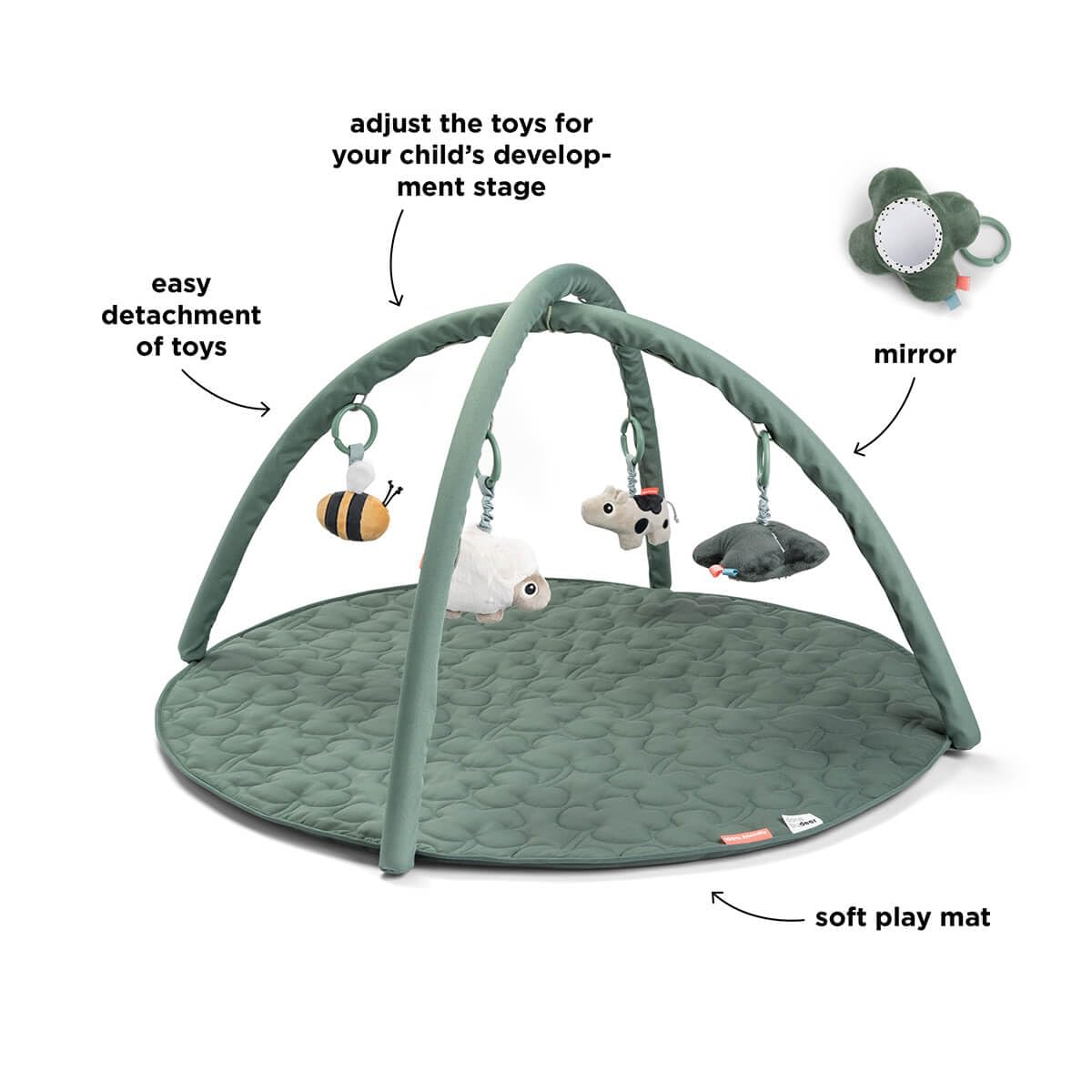 Done by Deer Spielbogen Baby mit Spielmatte und 4 x Anhänger/Babyspielzeug - Rassel, Glöckchen, Knisterelement und Spiegel - Play Mat/Spieldecke für Babies ab 0 Monate