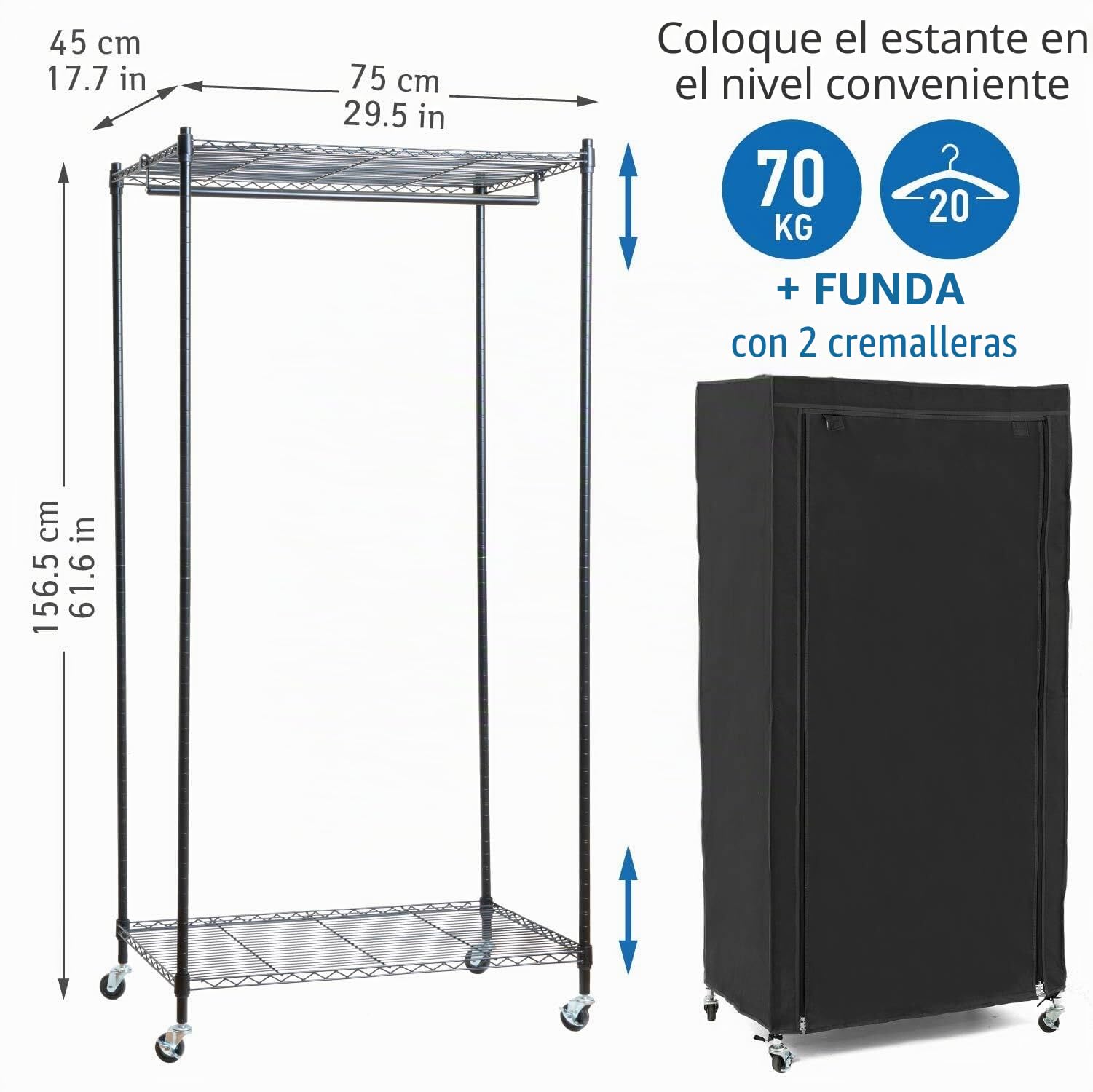 art moon Buffalo - Perchero Burro de Ropa Robusto con Funda de Tela, Armario Guardarropa Resistente con Ruedas y 2 Estantes, 70 KG, Algodón Negro