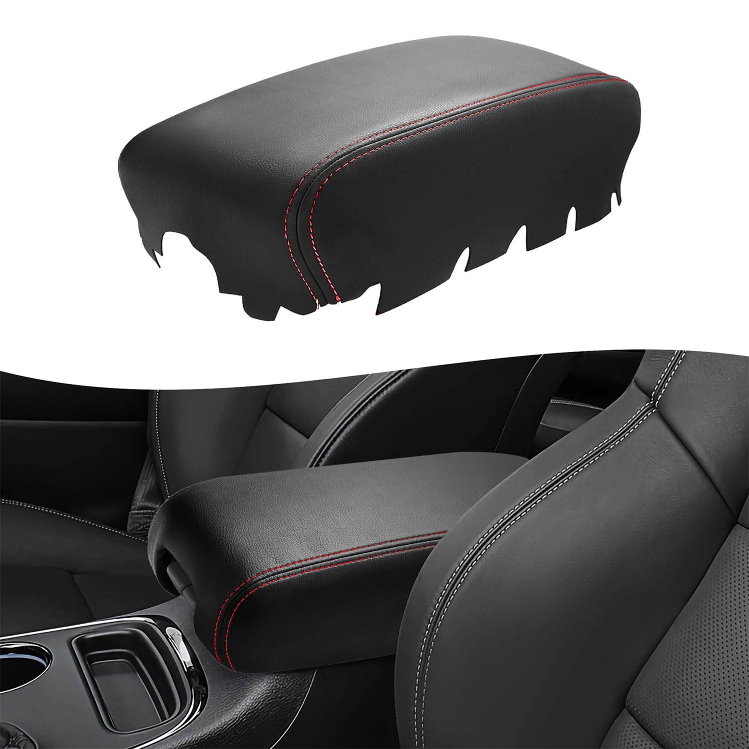 Center Console Lid Cover – Red Stitch Vinyl For 2011-2019 Dodge Durango 7 thumbnail image