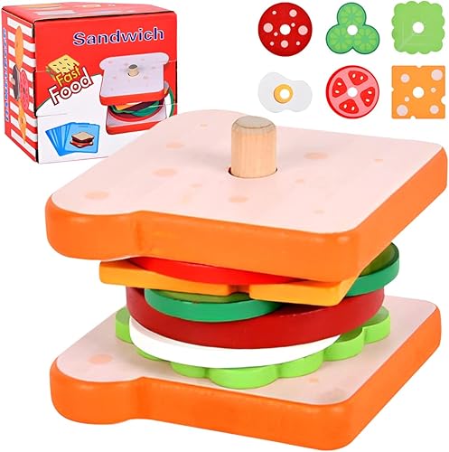 Juego de juego de simulación de alimentos, juguete apilable de hamburguesa de madera, juguetes apilables de hamburguesas Montessori, juguete