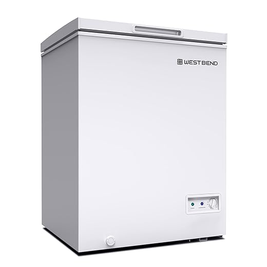 West Bend Chest Freezer with Adjustable Temperature Control, Free-Standing with Single Flip-Up Lid, Manual Defrost with Drain Perfect for Homes, Garages, Basements, 5-Cu.Ft, White