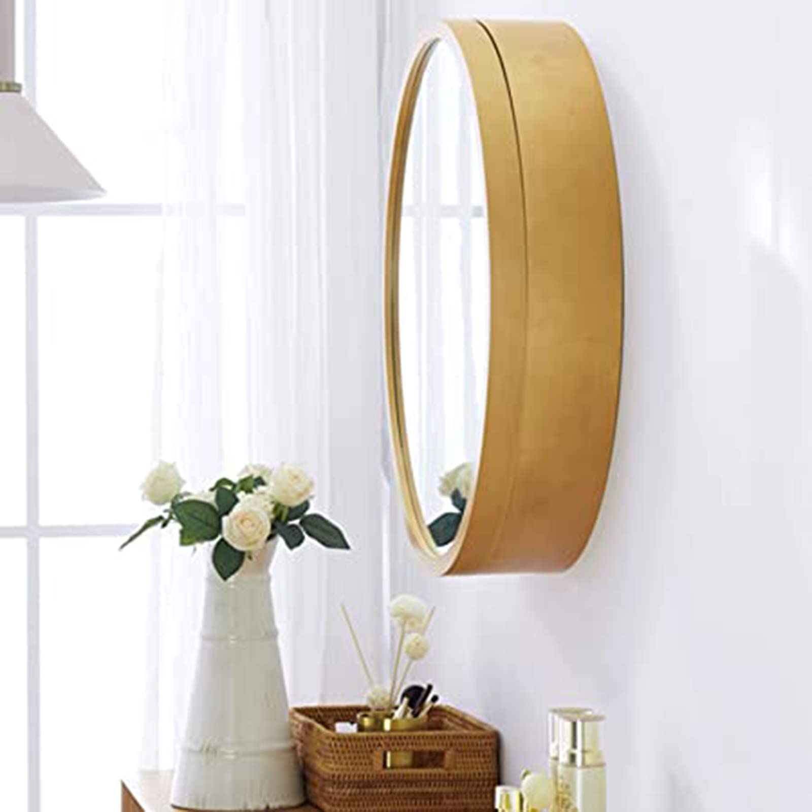 Specchio Espejo de baño LED con interruptor táctil, mueble de tocador redondo de madera, unidad de almacenamiento montada en la pared, completamente ensamblado, elegante acabado marrón, 70 cm: ¡m