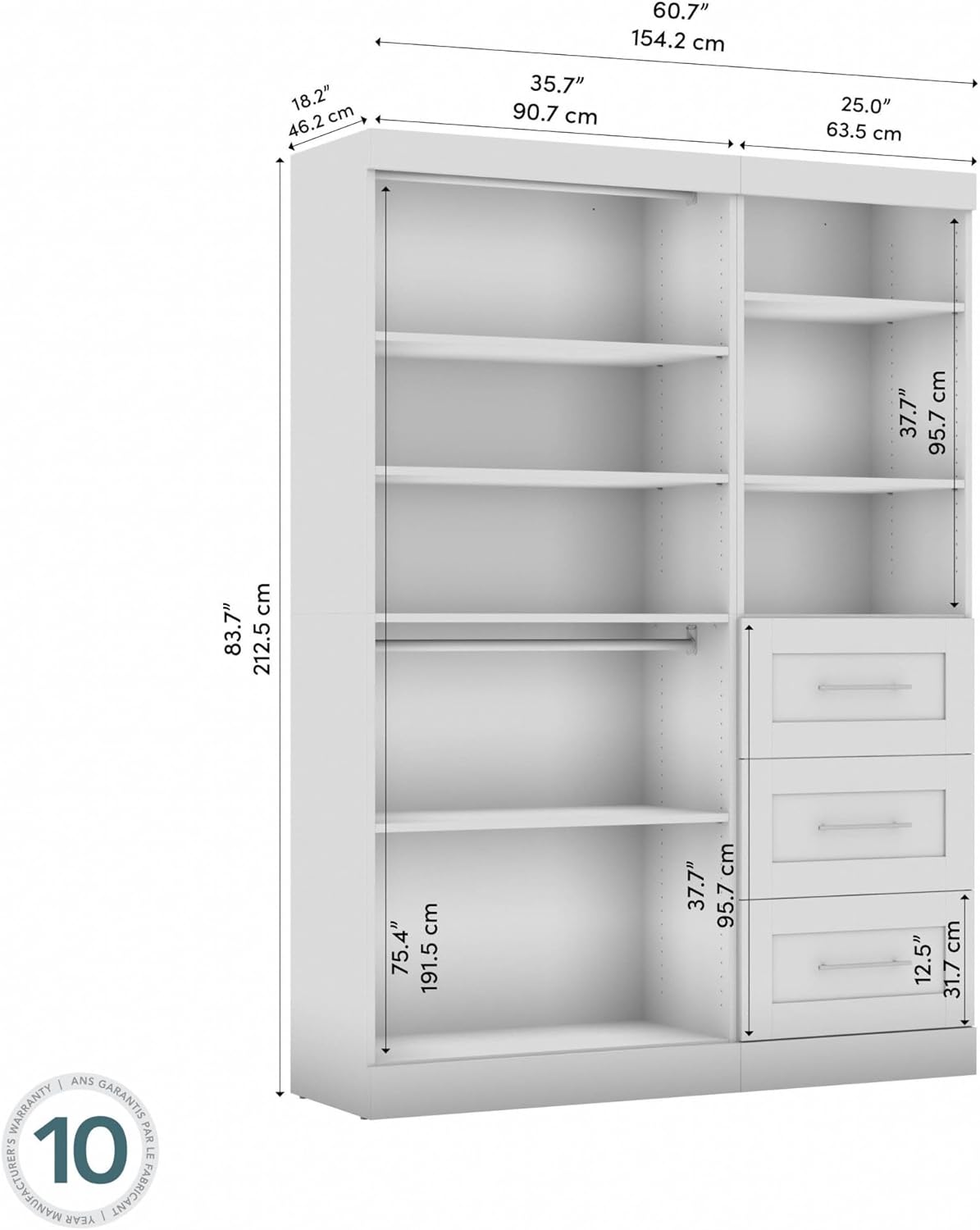 White 61" Closet Organizer System with Drawers and Shelves
