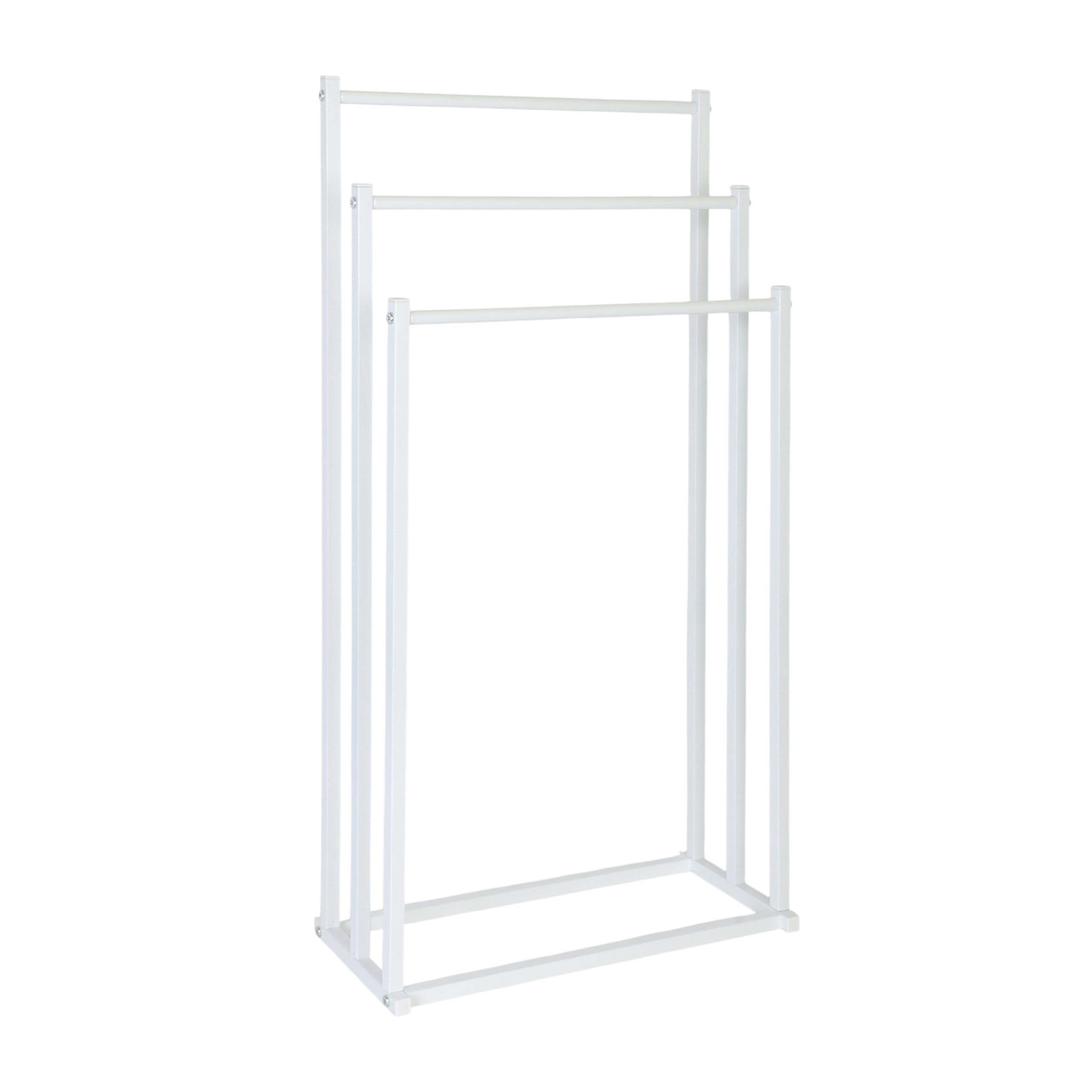 Relaxdays towel rack, HxWxD: 86 x 44 x 21 cm, metal, 3 bars, bathroom, standing towel rack, white