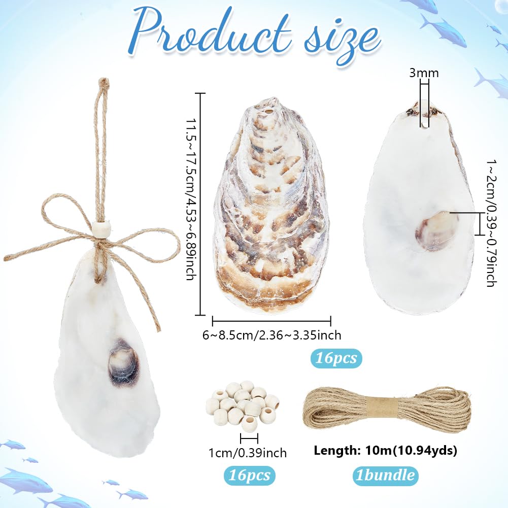 PH PandaHall 16pz Decorazioni Conchiglie Ostrica Piatte con Fori, 11.5~17.5cm Conchiglia Marina Naturale con Perline di Legno e Corda di Iuta per Decorazione Casa Costiera Spiaggia