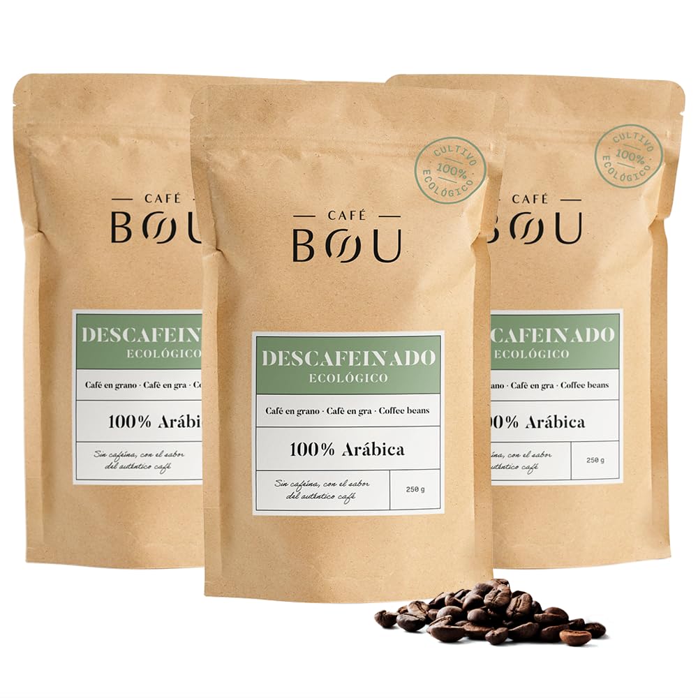 Café BOU | Café en Grano Descafeinado Ecológico Premium | 100% Arábica Ecológico Certificado | Descafeinado Natural con Agua | Cuerpo Medio | Pack 3×250 g