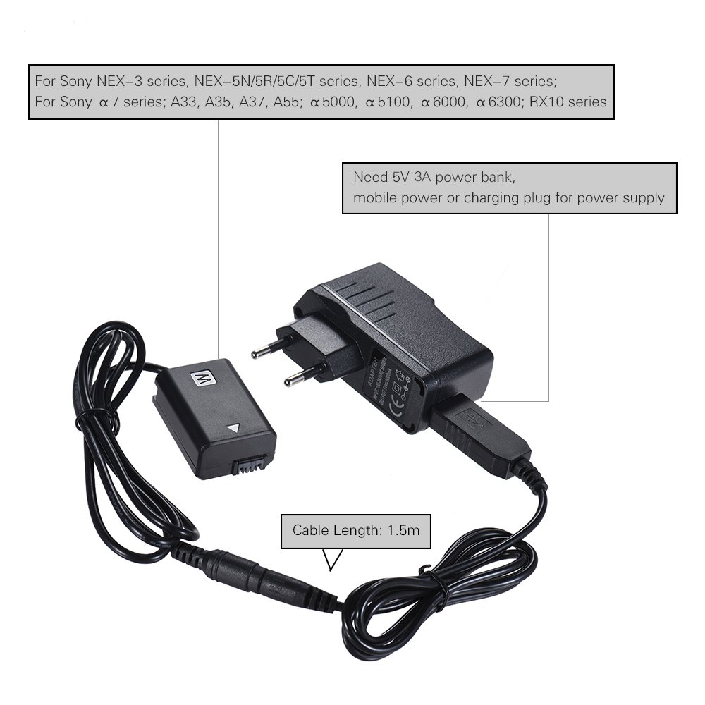 Andoer NP-FW50 atrapa baterii + kabel zasilający USB 5 V 2 A z zapasowym gniazdem zasilającym do AC-PW20 do Sony NEX-3/5/6/7 serii A33, A37, A35, A7, A7, A7II, A6000, A6300