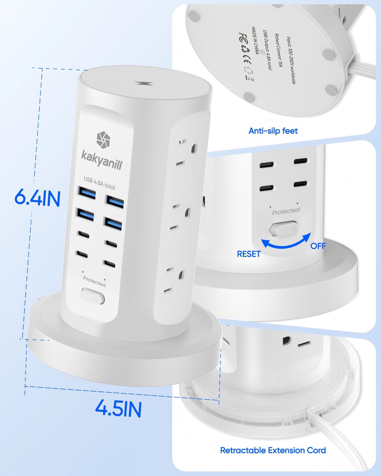 Kakyanill - Wieża przeciwprzepięciowa (9 wyjść AC, 8 USB (4 USB C), wysuwany kabel przedłużający 6 stóp, stacja ładująca do sypialni biurowej, kolor biały