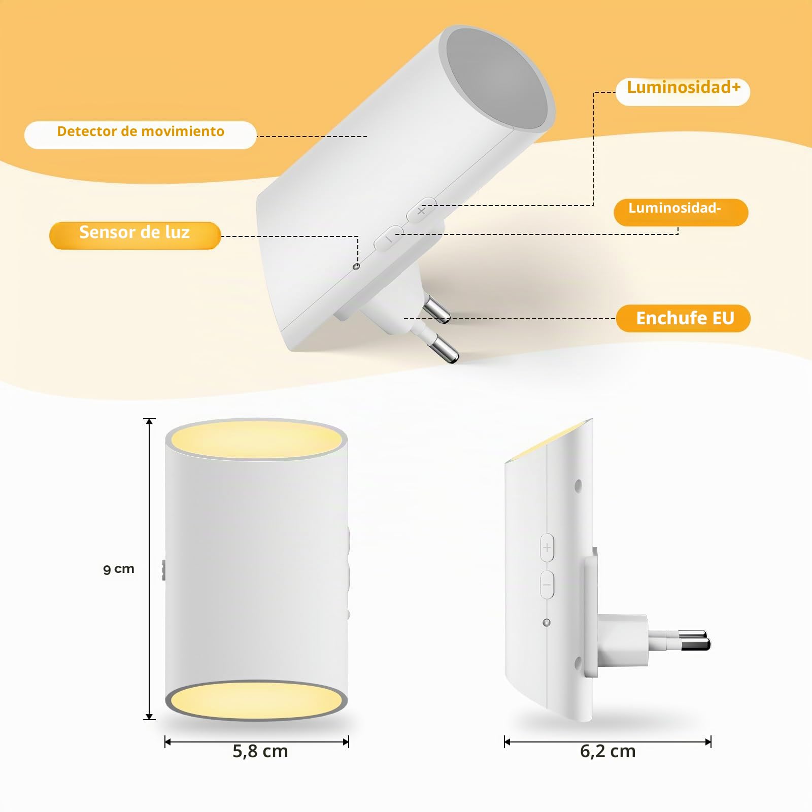 luz nocturna infantil, [2 Piezas] luz bebe nocturna con sensor de movimiento y sensor de luz, luz blanca cálida de 3000 K, regulable 1-100 LM, adecuada para habitación de niños, pasillo, escalera