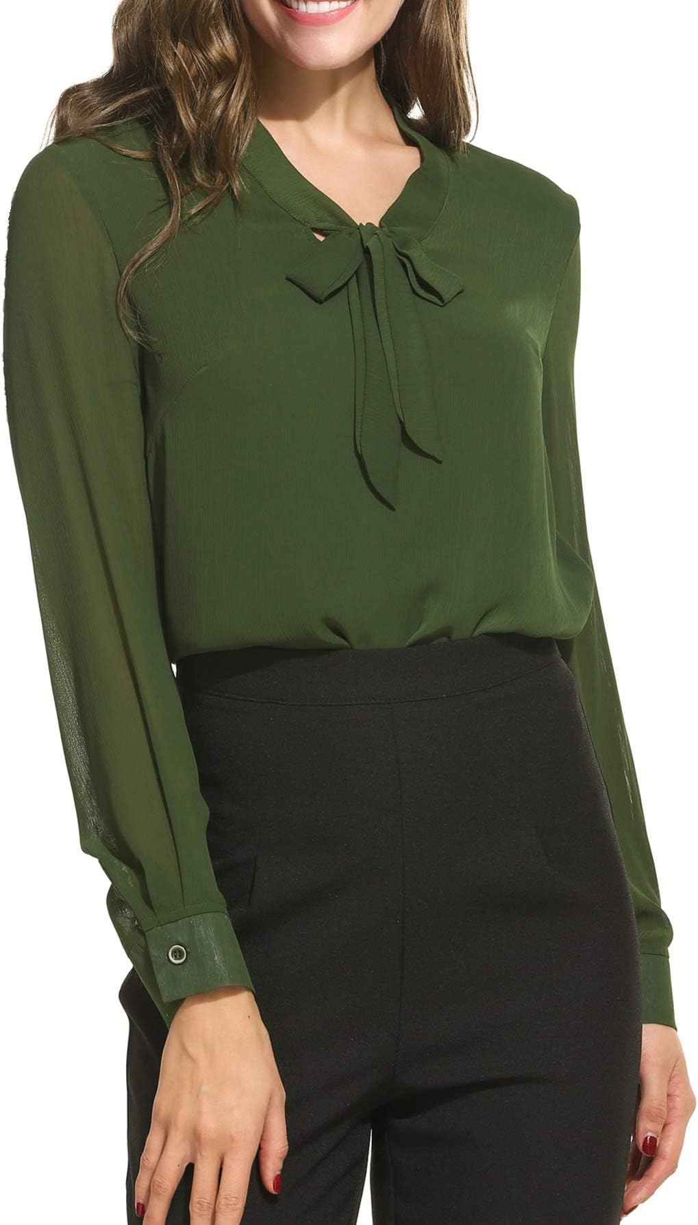 modase Women's Chiffon Casual Shirt Long Sleeve Loose Cuffed Blouse Green/S