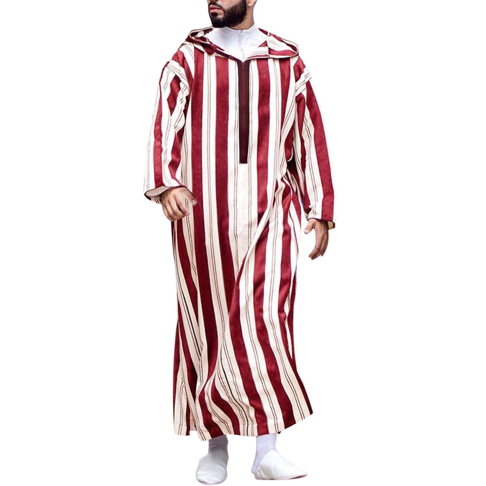 COOFANINKaftan for Men Red Men's Arabic Dress with Hood Kaftan Shirt Islamic Abaya for Women Muslim Clothing for Men Eid Dresses UK Sales Clearance