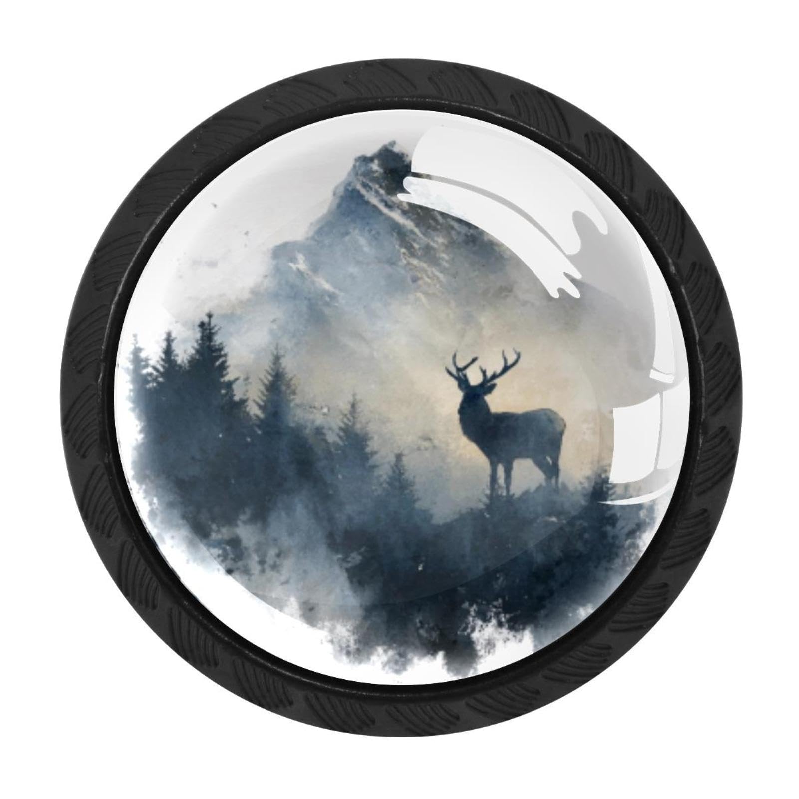 CHENZZZZ Watercolor Mountain Deer Drawer Knobs 4 Pack Crystal Dresser Knobs 35mm Glass Cabinet Knobs for Home Office Bathroom