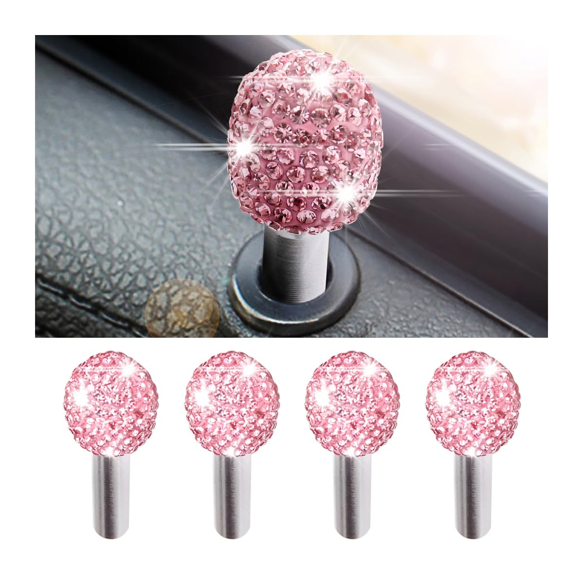 BELOMI 4PCS Bling Car Inner Door Lock Covers, Crystal Rhinestones Automotive Pull Rod Bolt Decoration Stickers Sparkly Door Bolt Cap, Universal for Vehicles（Pink）