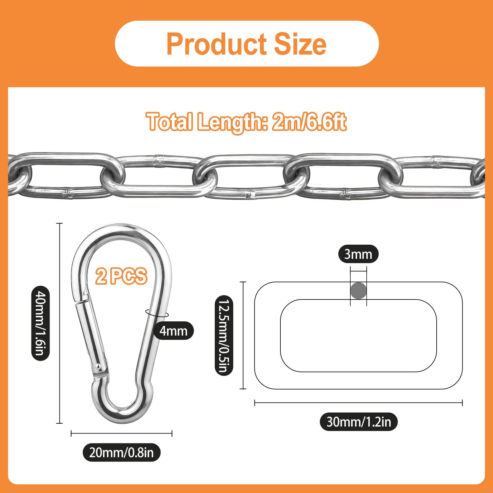 Chaîne en Acier Inoxydable,3mm × 2m Chaine Acier avec 2 Pièces Mousqueton,Chaînes pour Suspendre,Chargement 80kg,Inoxydable Chaine pour Chien,Clôture,Chaînes de Séchage,Balançoires,Antivol