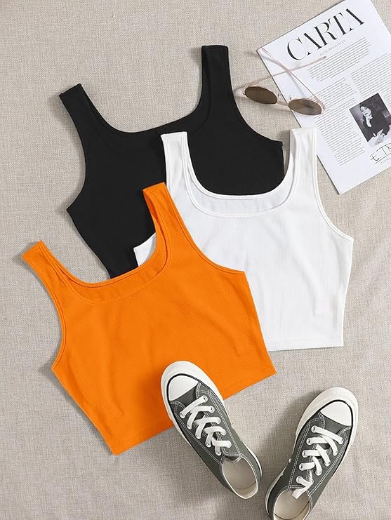 Image of Toochki Women's Knitted Sleeveless Solid Sqaure Neck Ribbed Tank & Crop Tops (Pack of 3)