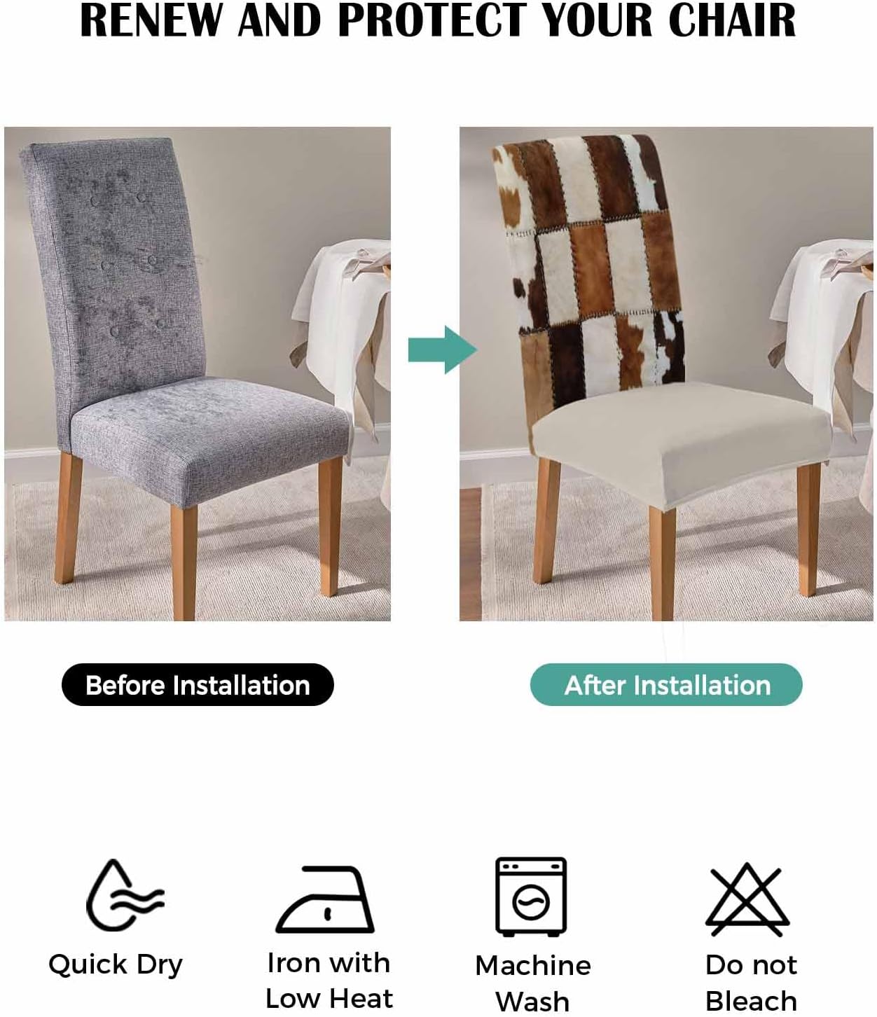 Cow Print Chair Covers, Vintage Animal Brown Stretch Parsons Chair Slipcovers Removable Kitchen Chair Protector Cover for Dining Room， Set of 8