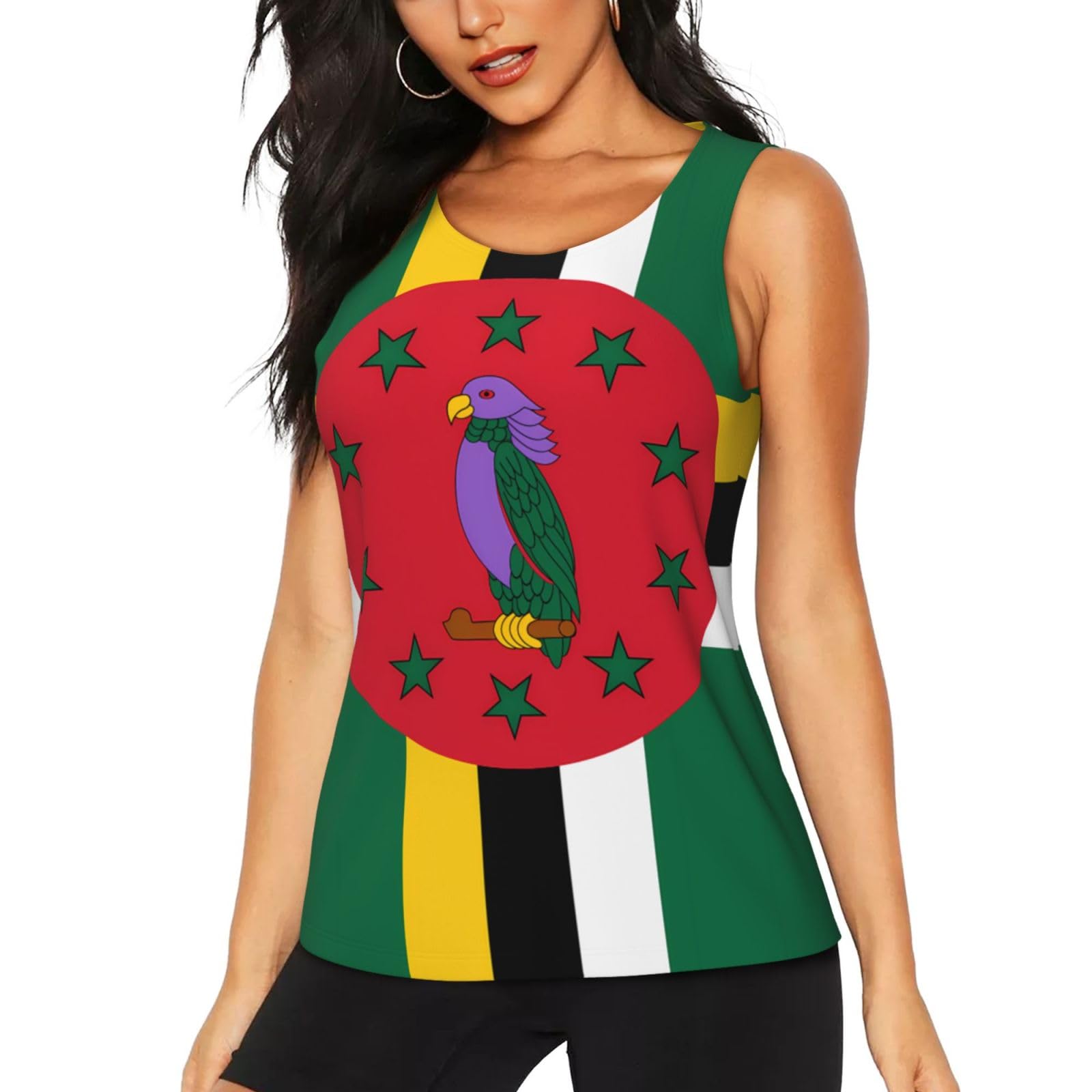 Women's Quick-Dry Athletic Tank Top,Dominica Flag Print Gym Shirt for Running,Yoga,Training Workout Top, Black, M