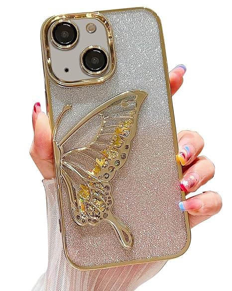 AM7 Back Cover Case for iPhone 13 | Silicone Cover | Luxury Glitter | Cute Butterfly | Electroplate Plating Design | Women Teen Girls iPhone 13 | Gold