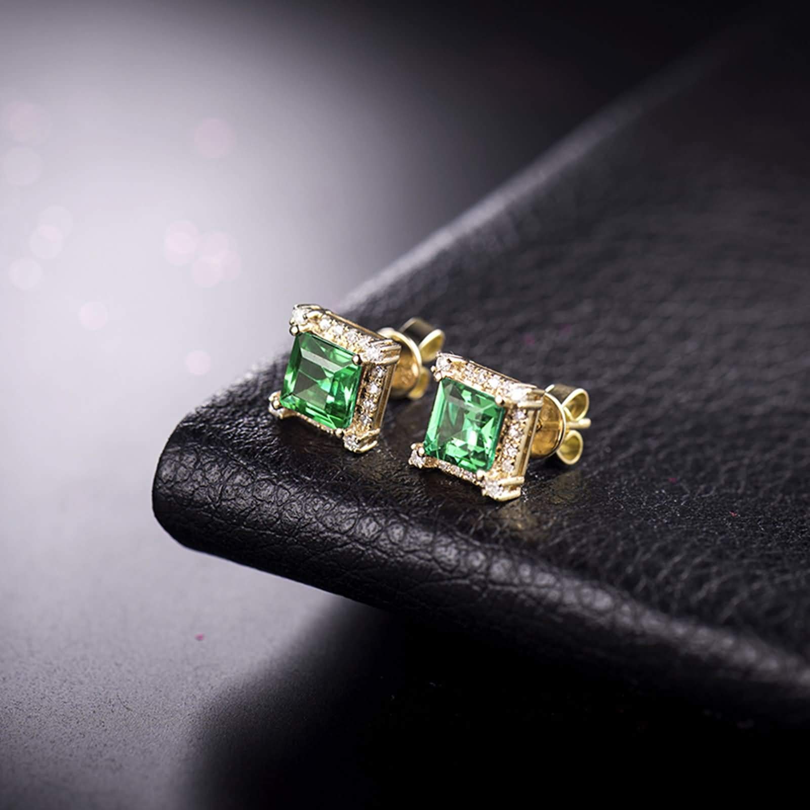 Epinki Gold 18K Ohrringe Mädchen, Quadrat Ohrschmuck mit Smaragd 1.6ct Grün, als Geschenke für Frauen Mutter/Freundin, Gelb Gold