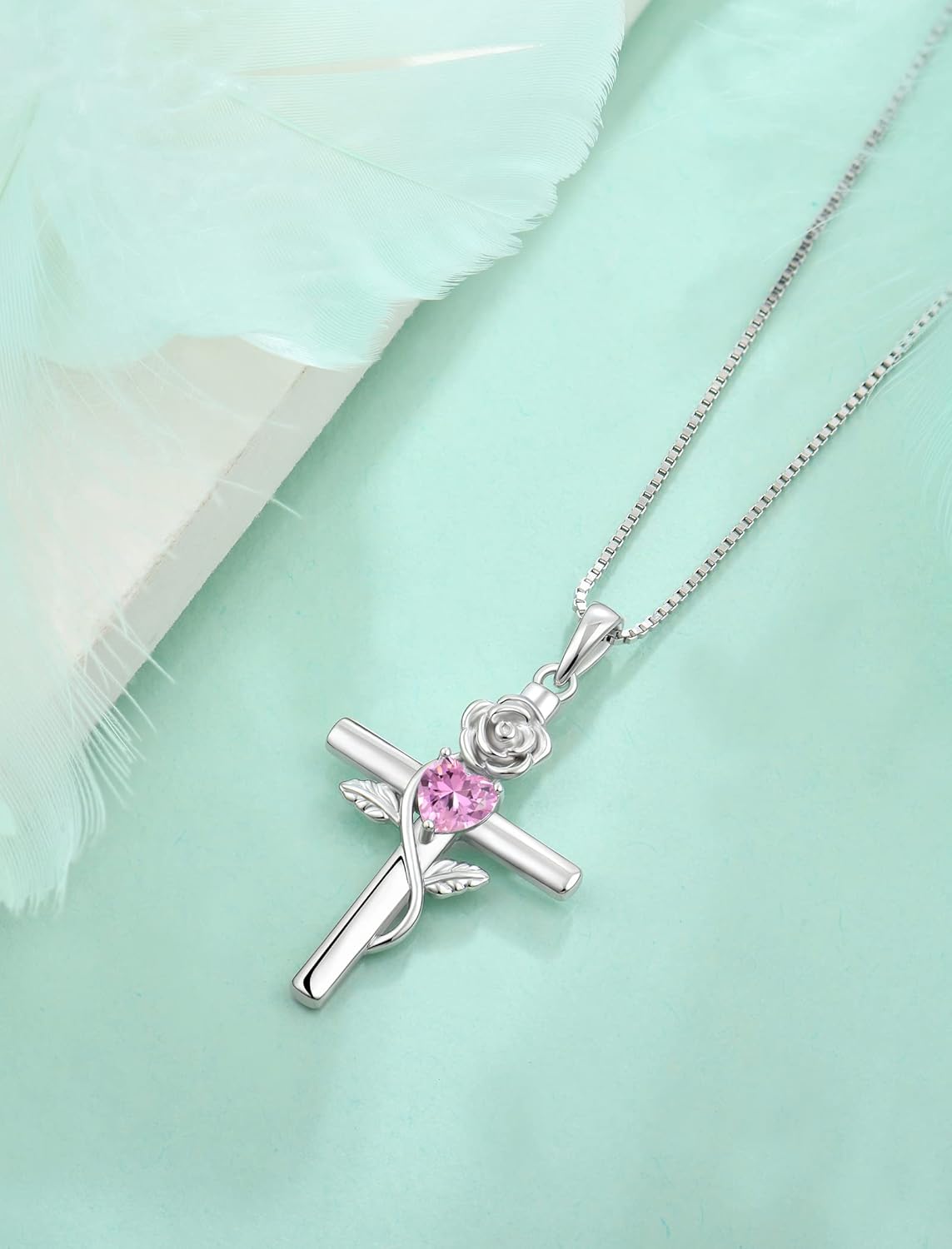 Sterling Silver Crucifix Necklace Flower Faith Cross Necklace for Women Religious Birthstone Jewelry Gift