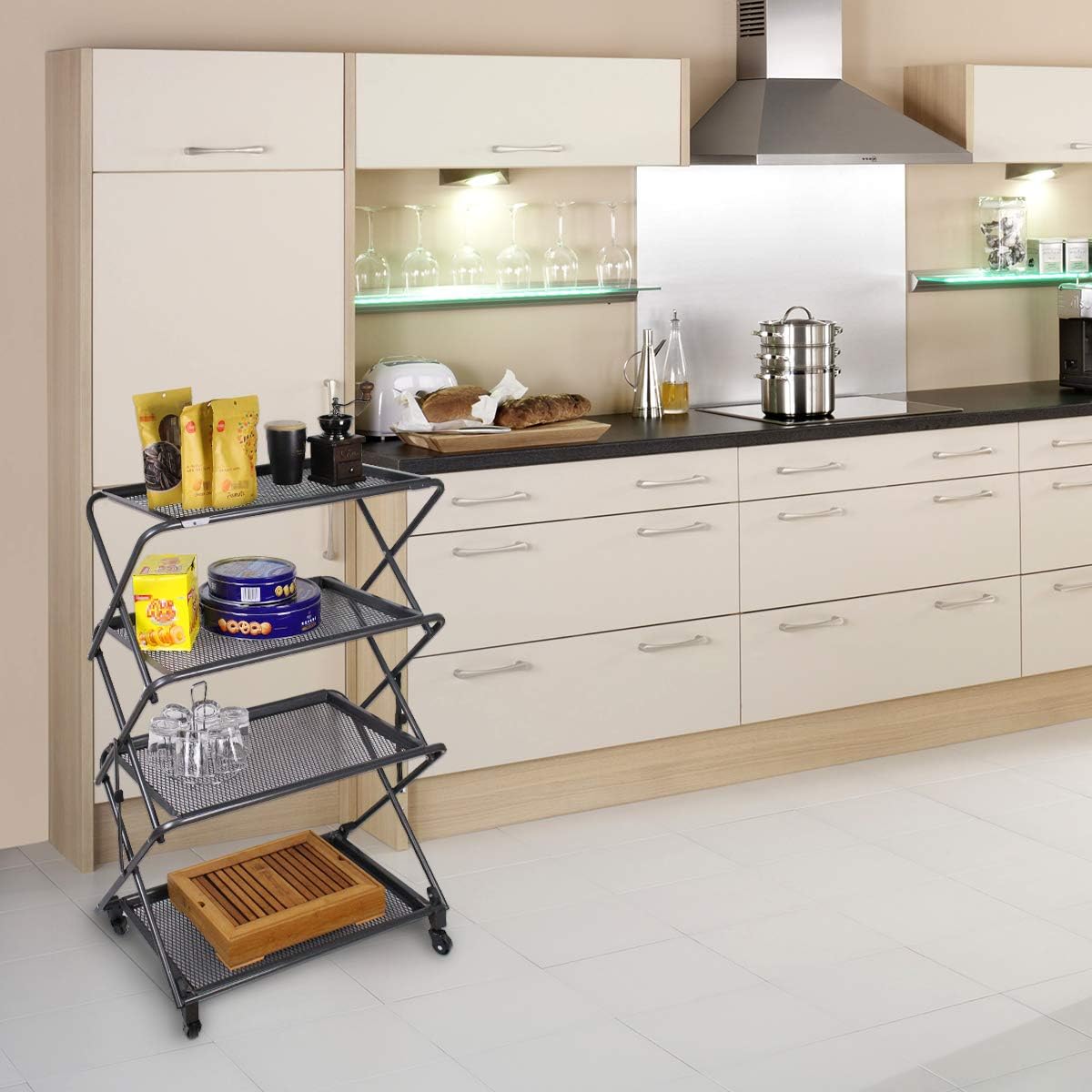 Zenree 4-Tier Folding Portable Durable Steel Kitchen Shelf, Black, 39" - Removable Mesh Trays, Perfect for Outdoor Cookouts, Extra Storage, Kitchen Storage