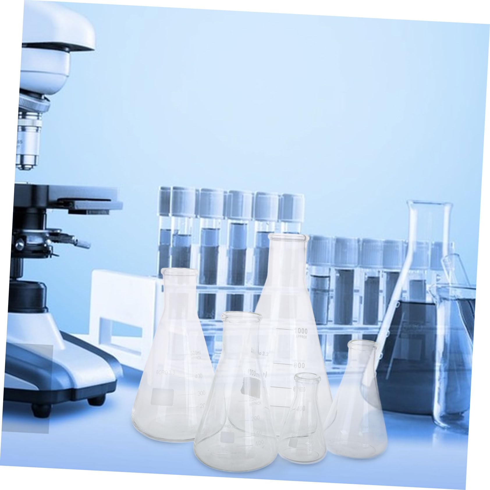 TOPBATHY Set 5 Beute Erlenmeyer in Vetro Borosilicato Resistente al Calore, Capacità 50 Ml-1, Palloni Conici Stabili per Applicazioni Chimiche e Laboratorio Scientifico
