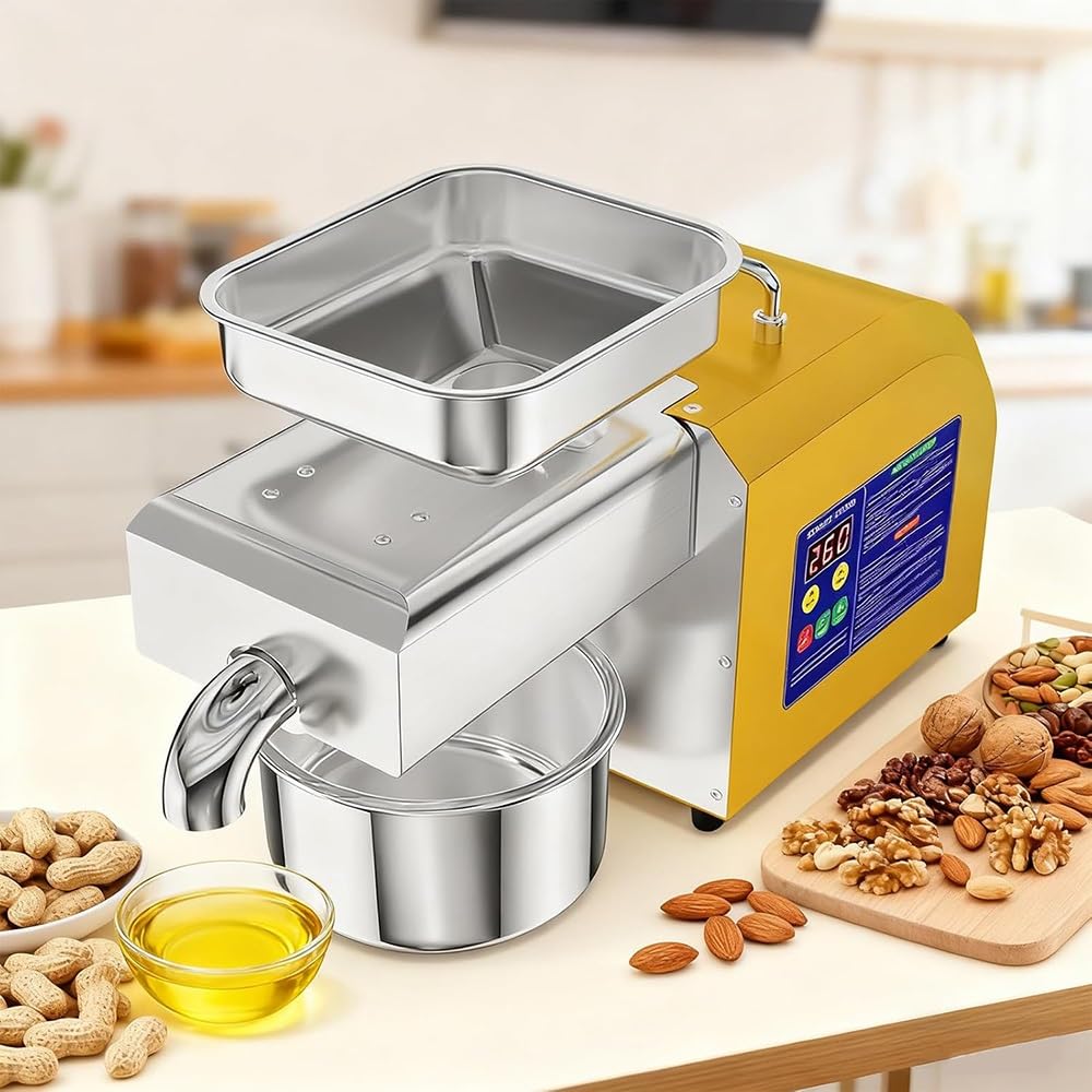 Pressa Automatica per Olio, 1100 W, pressatura a Caldo e a Freddo, Elevata resa 4-9 kg/h, Acciaio Inox 304, Facile da Pulire, Maniglia Pieghevole, per Semi, Frutta secca e produzio