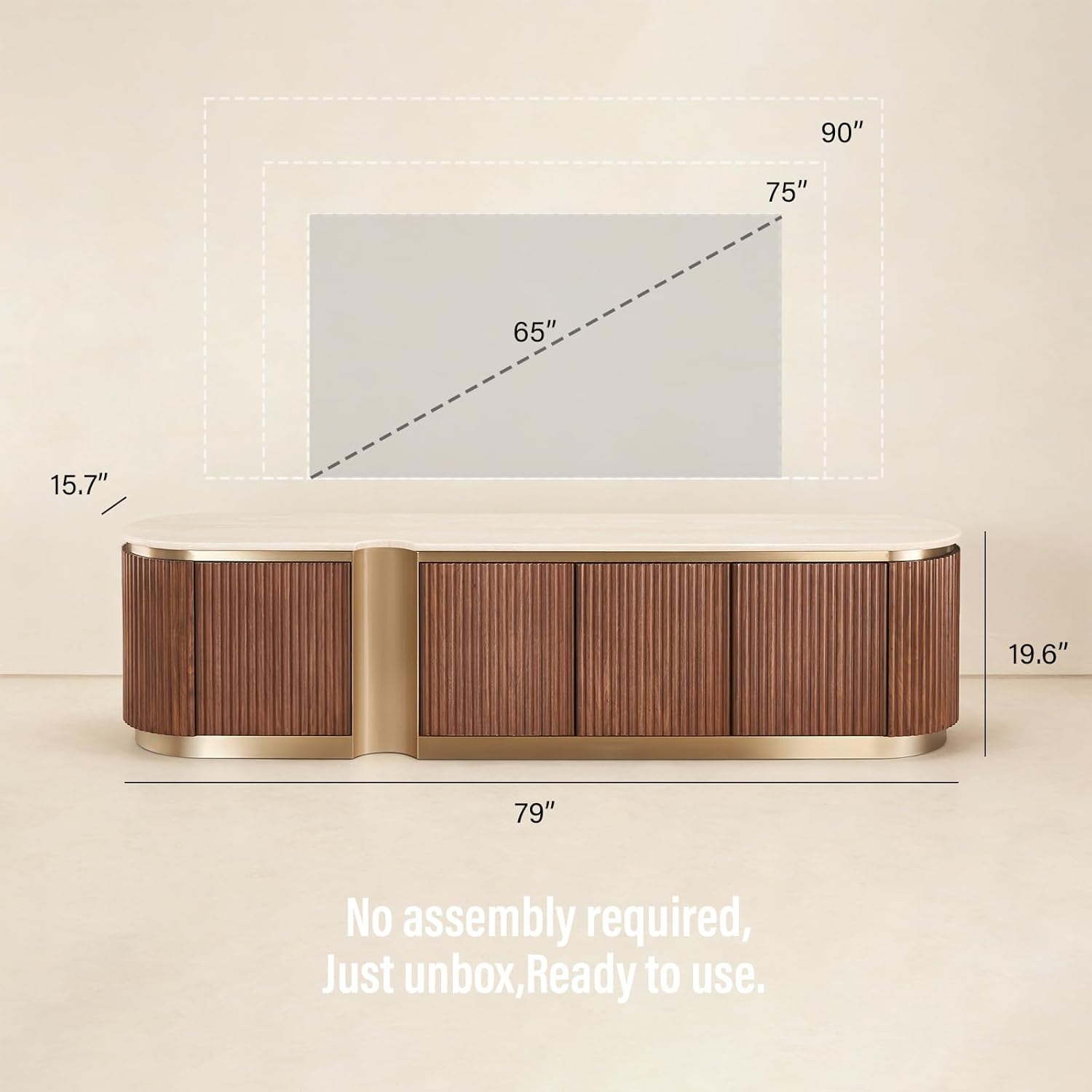 79" Fluted TV Stand with Storage for Living Room,Luxury Modern Entertainment Center Fits TVs up to 90",Curved TV Media Console Table with Cabinet & Doors,Artificial Stone Top,Fully Assembled,White