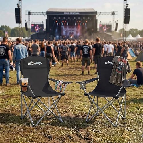 Relaxdays Camping Stuhl, 2er Set, faltbar, Tragetasche, Getränkehalter, 150 kg, Klappstühle, Polyester, Metall, schwarz