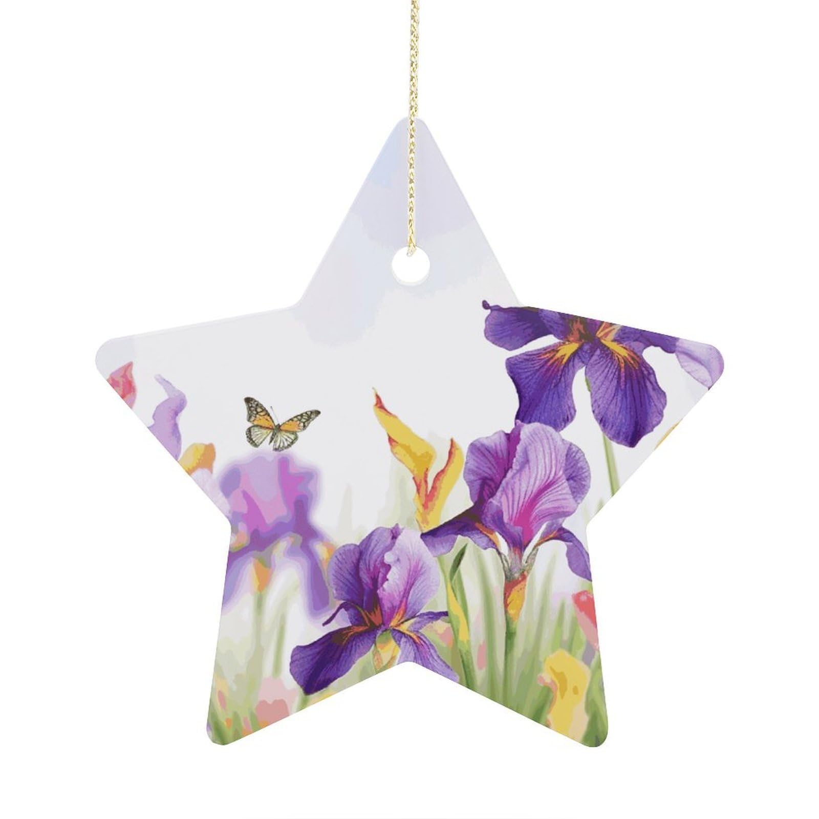Iris Flower Butterfly Ornament with String, Keepsake Hanging Decorations,Ceramic Ornaments for Women Men Indoor Home Holiday Party Gifts
