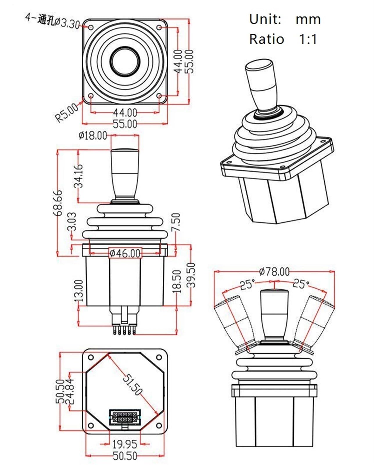 Joystick Joystick Przemysłowy Ze Sterowaniem Elektrycznym I Dwuosiowym Wahaczem Halla Z Ogranicznikiem Krzyżowym,dla generatora obrazów(12-24v,Output 0-5V)