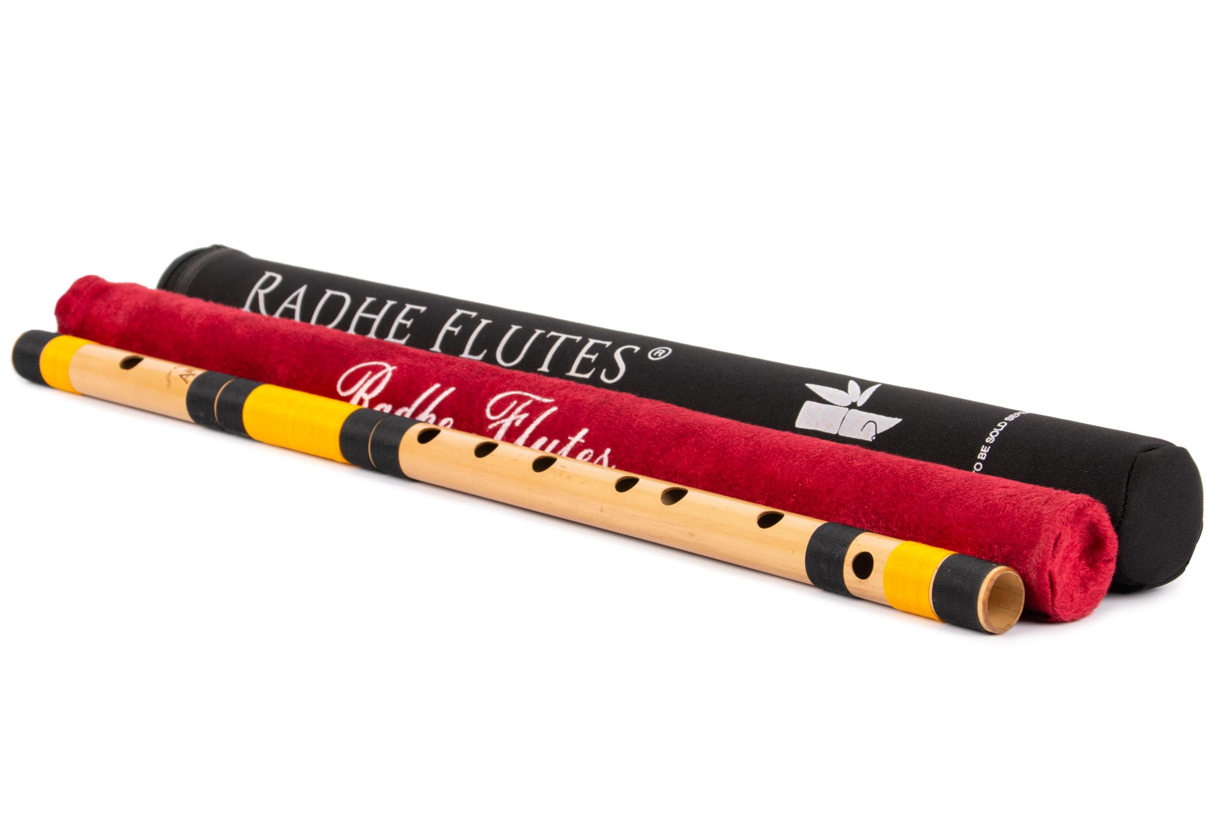 Radhe Flutes Bansuri professionale in bambù, affilato, per destrorsi, base ottava, copertina rigida + copertura in velluto e tubo di carta, nero e arancione, fatto a mano da Tej Sharma