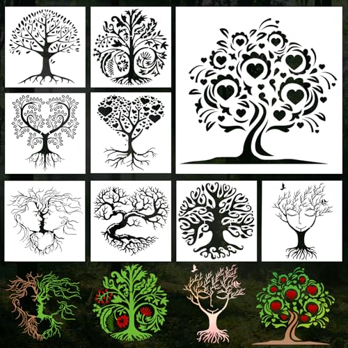 9 Pcs 7.8 X 7.8 Inch Tree of Life Stencil Set for Painting,Reusable Plastic Drawing Template,Loving Heart Tree Stencils for Painting on Wood Wall Canvas DIY Crafts Christmas Gifts Furniture Decor