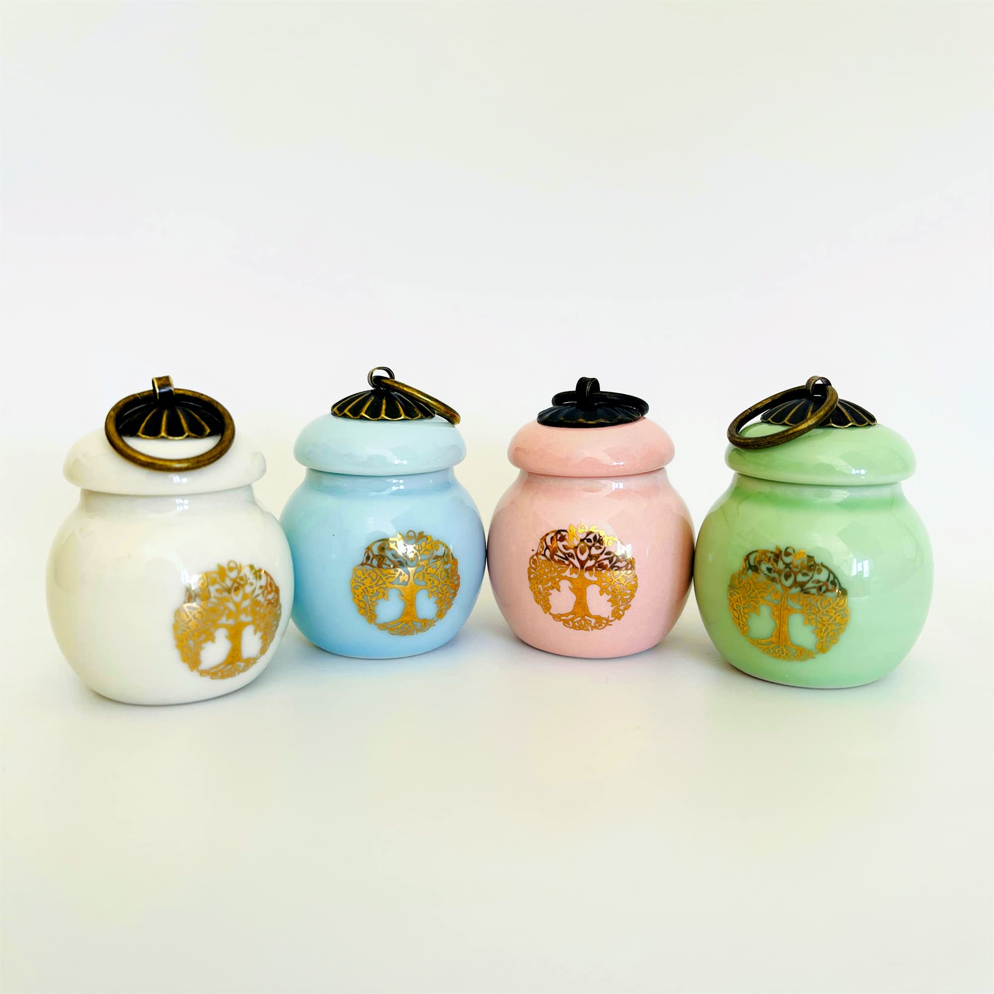 BAYUKI Small Keepsake Cremation Urn | Mini Ceramic Shared Personal Funeral Urn for Pet or Human Ashes Tree of Life Urn with Gift Box (4pcs), White Pink Green Blue