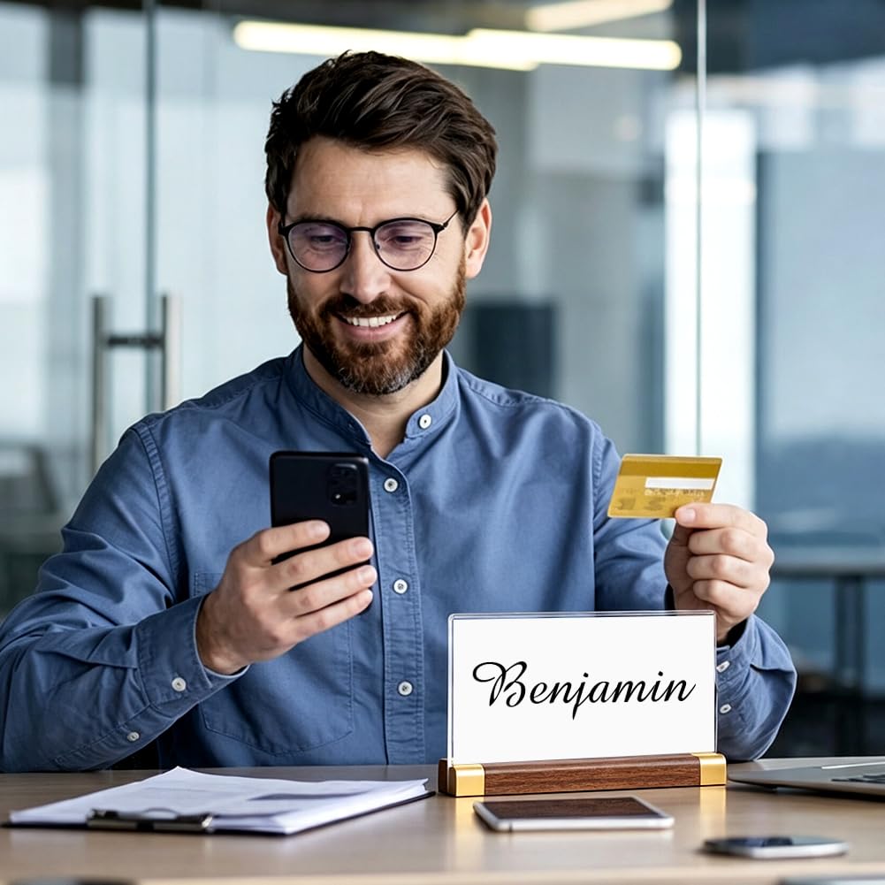 BENECREAT 5 juegos de soportes para placa de escritorio con base de madera de nogal, soporte acrílico transparente para tarjetas de lugar, restaurante, oficina, 21 x 11 cm