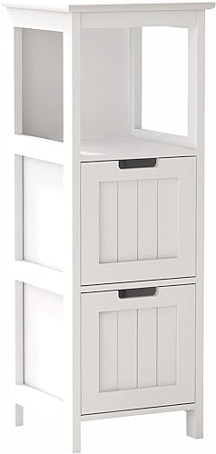 RASOO Armario de almacenamiento de baño, armario de suelo independiente blanco con 2 cajones y 1 estante de almacenamiento para baño, sala de estar,