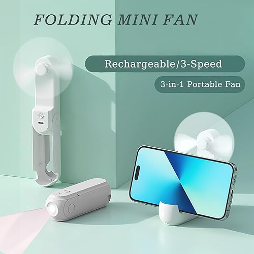 Miniatura 2 de Mini ventilador de mano portátil, ventilador plegable 3 en 1 de 3 niveles de velocidad, ventiladores de escritorio recargables por USB, ventiladores