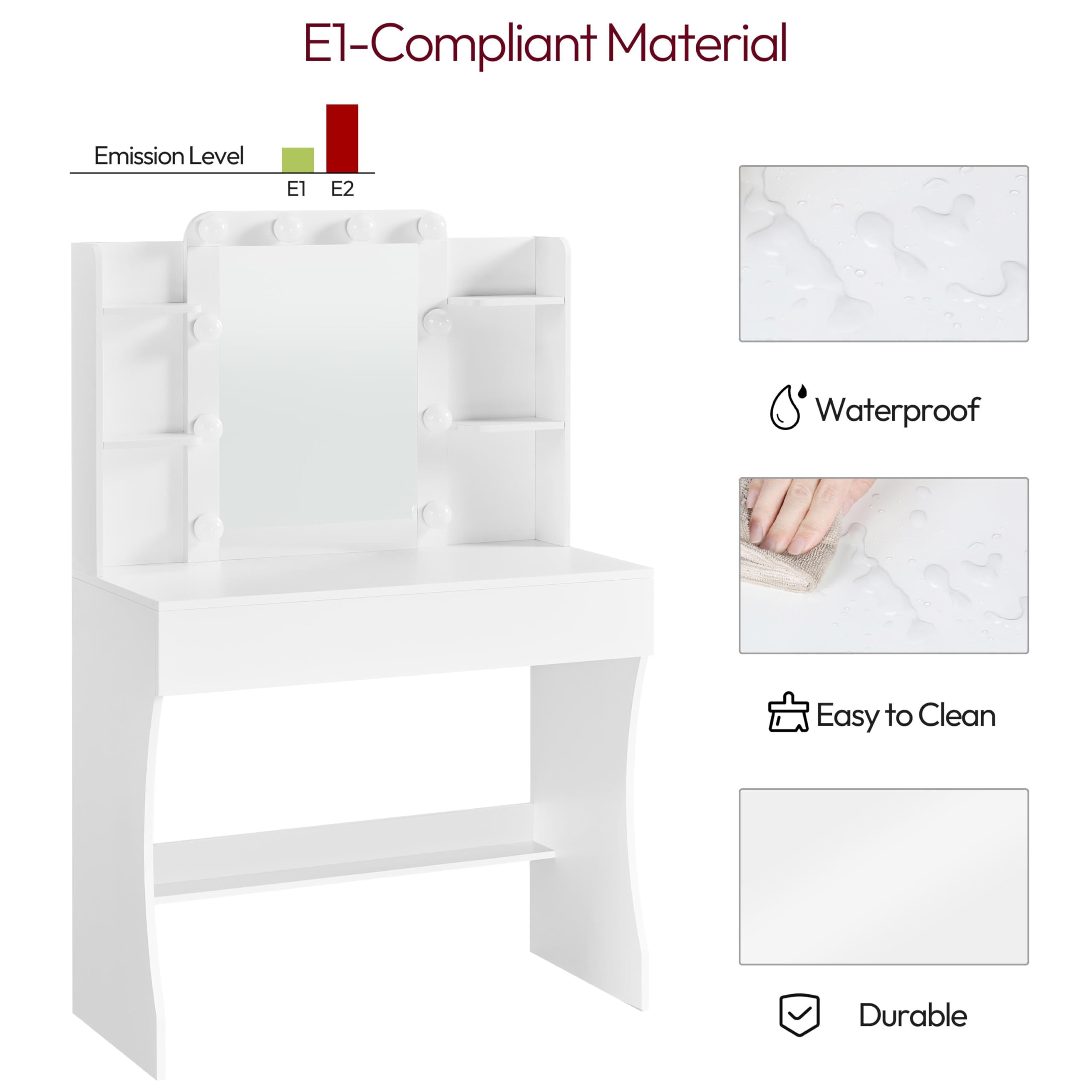 Abician Coiffeuse avec Miroir 10 LED 3 Couleurs Luminosité Réglable Table de Maquillage Deux Grands Tiroirs Six Étagères de Rangement Style Moderne Blanc