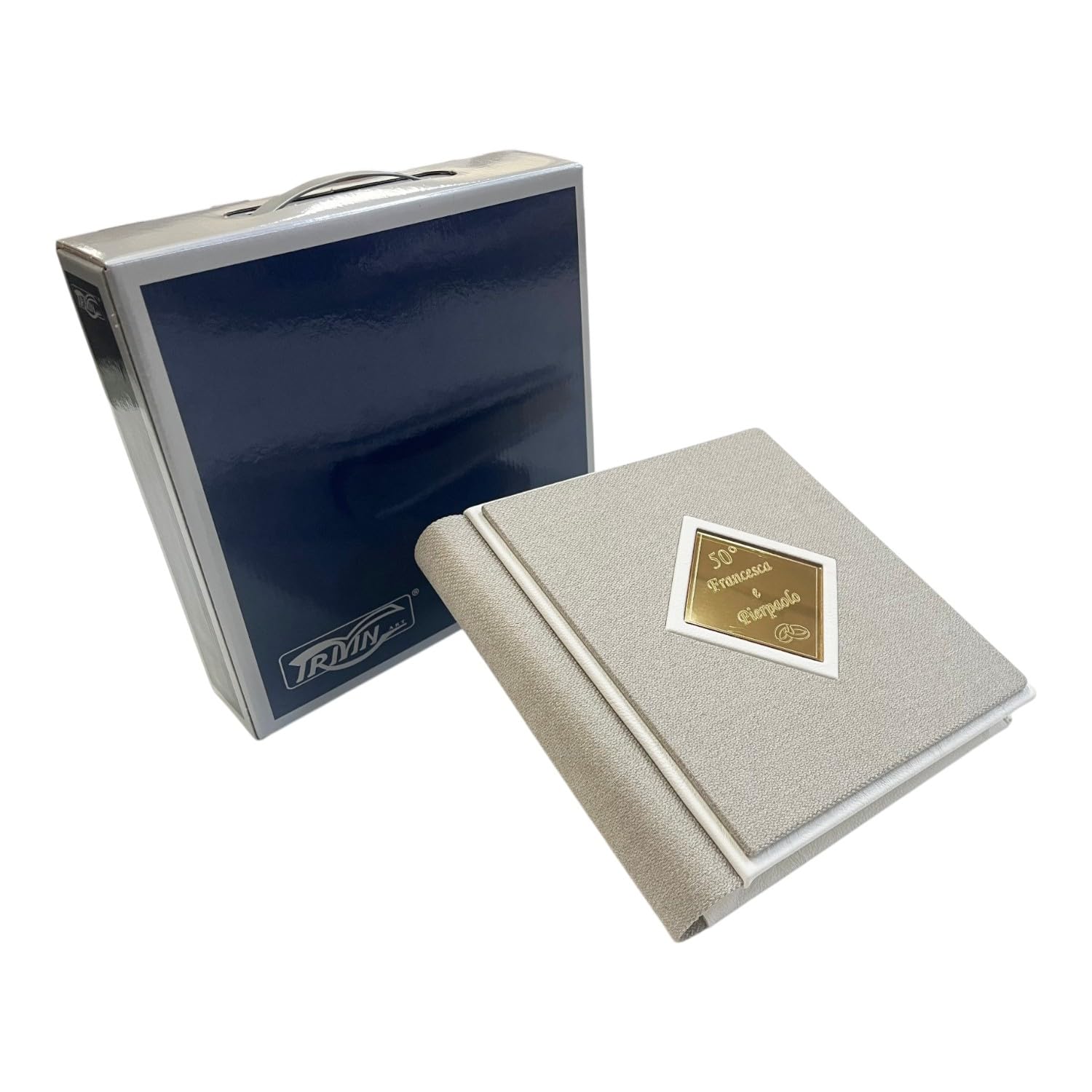 Album Fotografico Artigianale -Zenith- in Tessuto con Profili in ecopelle a contrasto, Rombo centrale a specchio Personalizzabile, Matrimonio,Anniversario,Comunione,Eventi (Beige-Bianco-Oro)